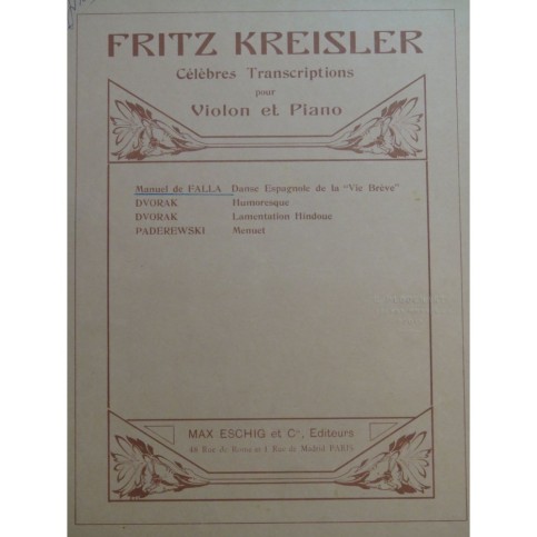 DE FALLA Manuel Danse Espagnole Piano Violon 1926