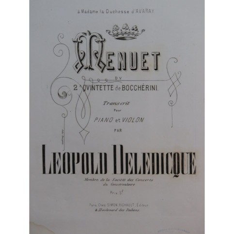 BOCCHERINI Luigi Menuet du 2e Quintette Piano Violon ca1875