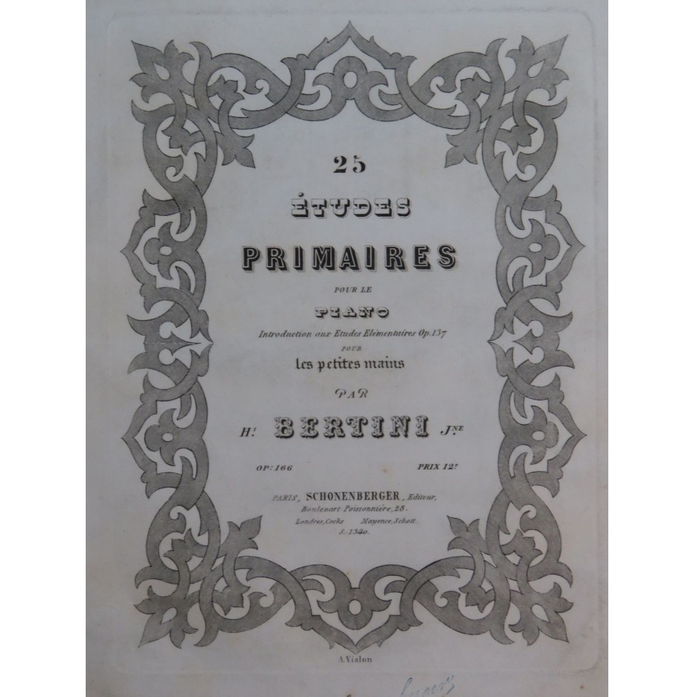 BERTINI Henri 25 Etudes Primaires op 166 Piano ca1856