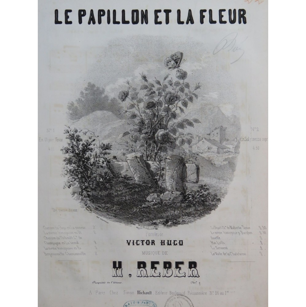 REBER Henri Le Papillon et la Fleur Chant Piano ca1850