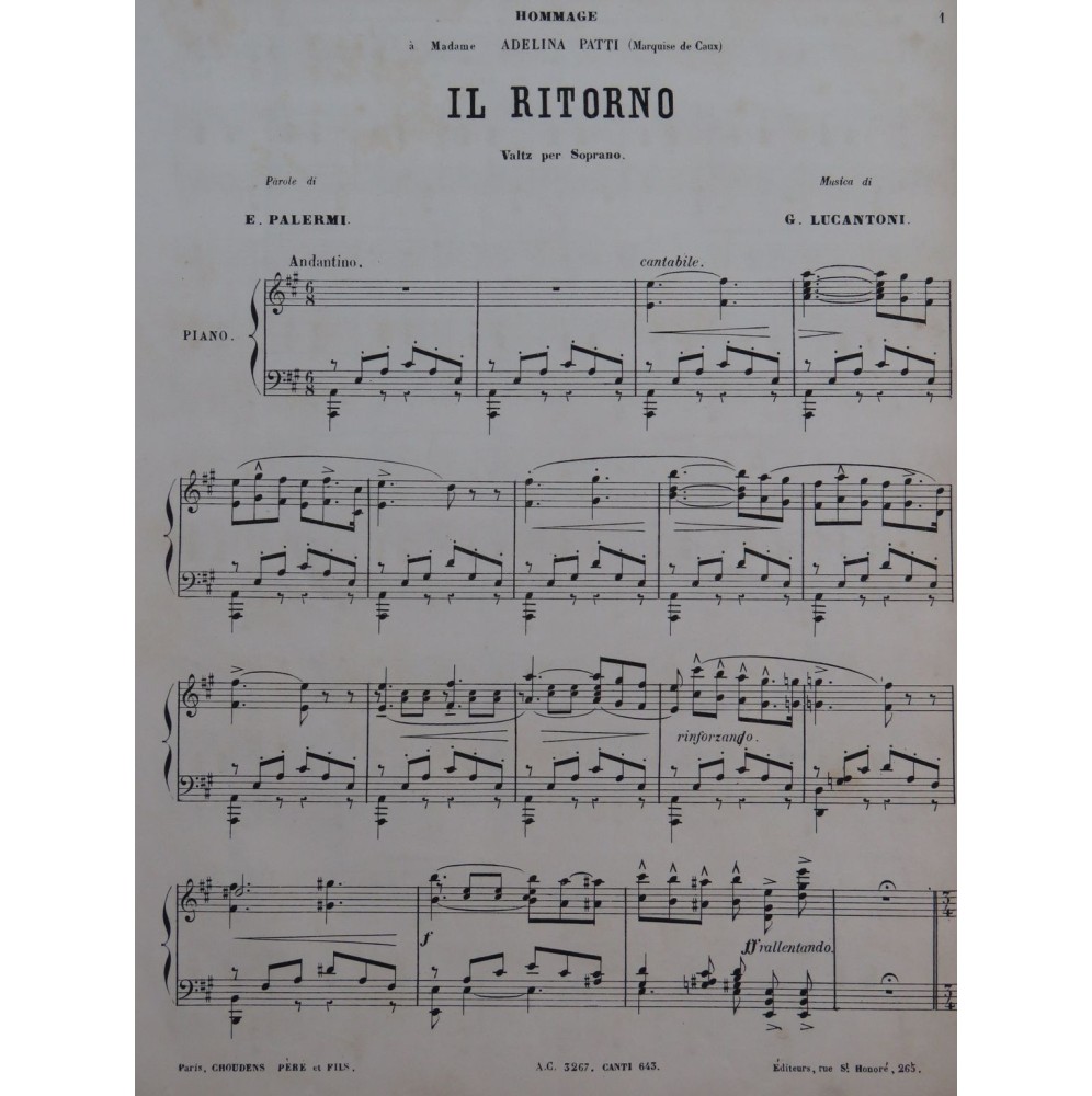 LUCANTONI Giovanni Il Ritorno Chant Piano 1876
