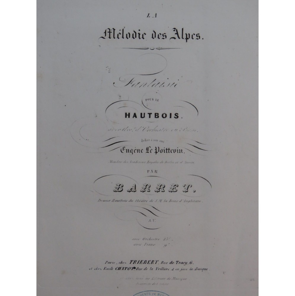 BARRET La Mélodie des Alpes Fantaisie Piano Hautbois XIXe