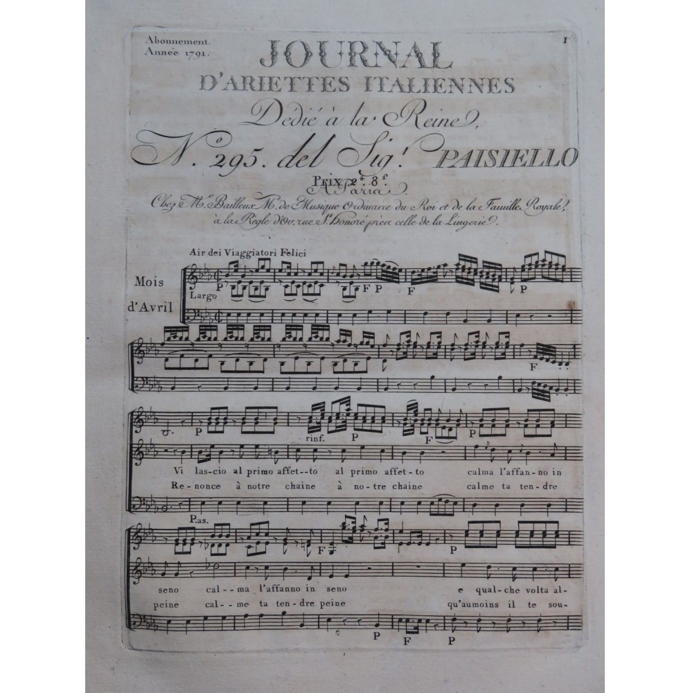 PAISIELLO Giovanni Vi lascio al primo affetto Chant Orchestre 1791