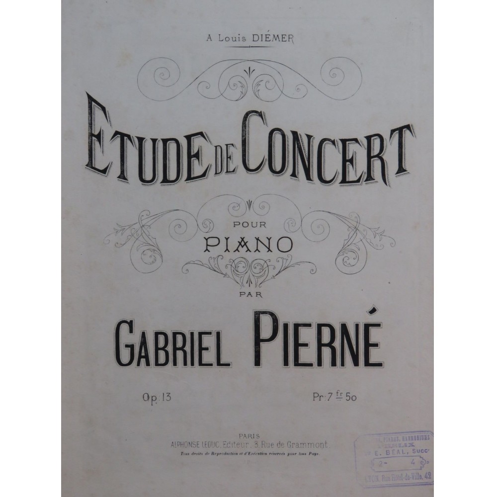 PIERNÉ Gabriel Étude de Concert op 13 Piano 1887