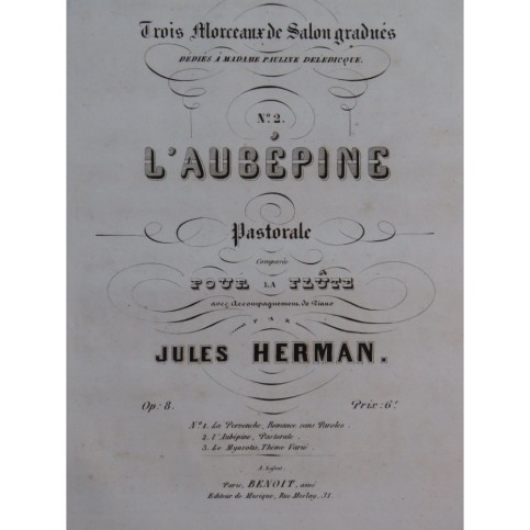 HERMAN Jules L'Aubépine Flûte Piano ca1860