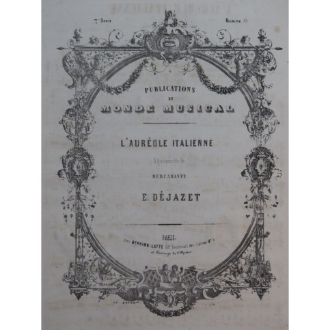 DÉJAZET Eugène L'Auréole Italienne Mercadante Piano ca1840