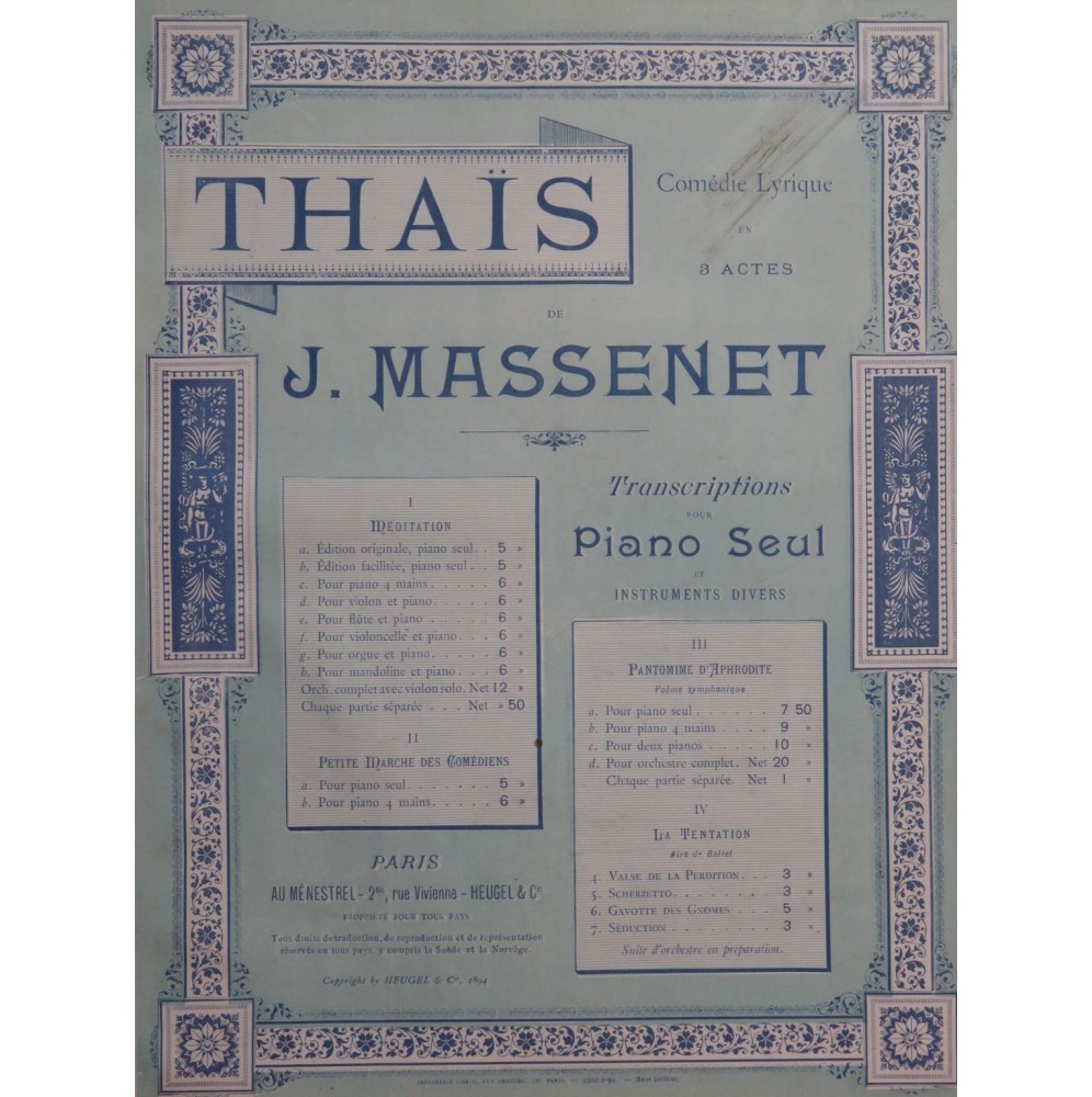 MASSENET Jules Thaïs Méditation Piano Violon 1894