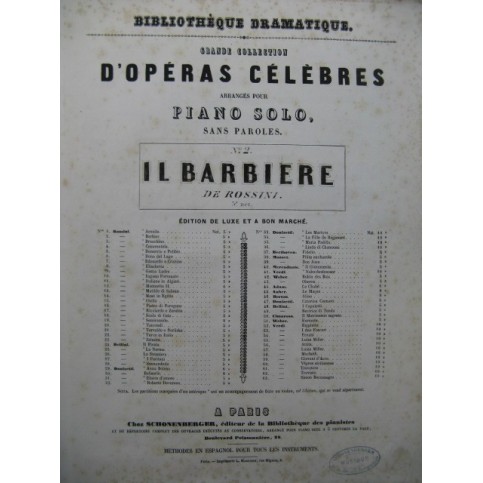 ROSSINI G. Le Barbier de Séville Opéra Piano solo ca1850