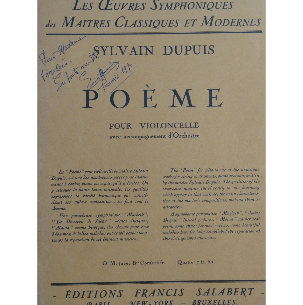DUPUIS Sylvain Poème Violoncelle Orchestre 1928