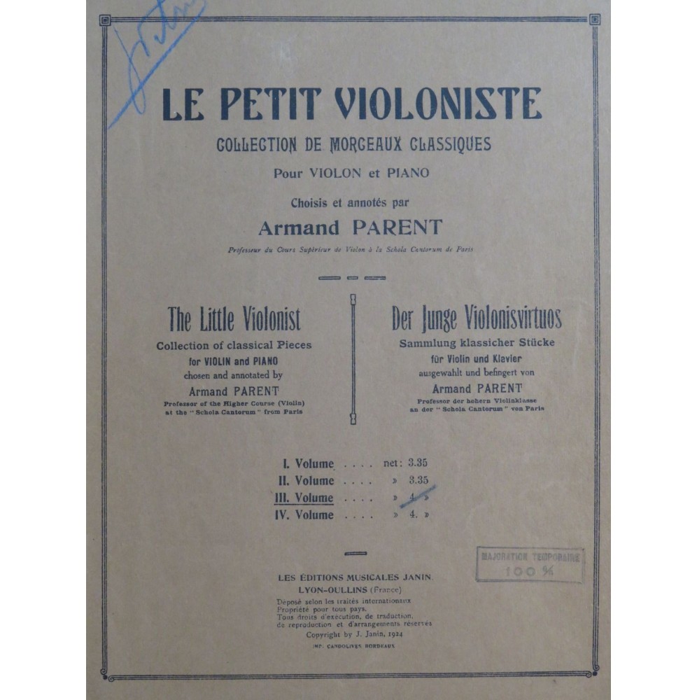 PARENT Armand Le Petit Violoniste Volume 3 Piano Violon 1924