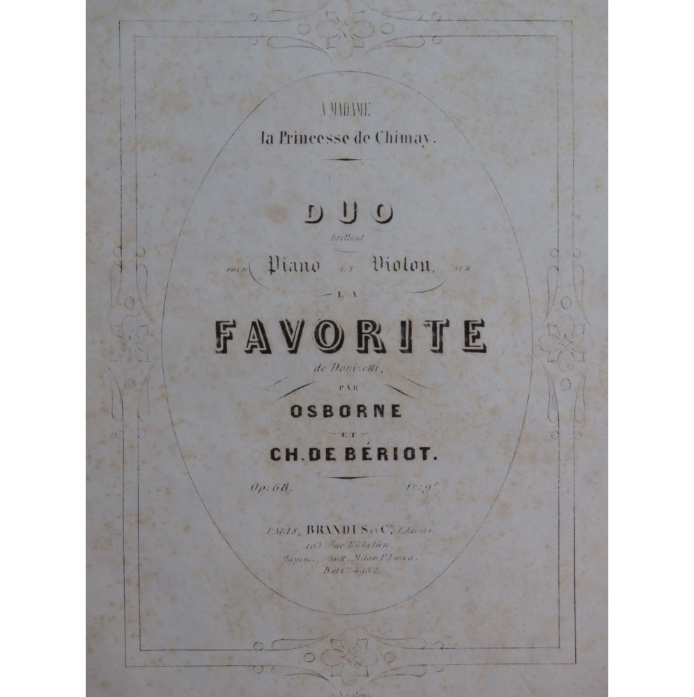 OSBORNE BÉRIOT Duo Brillant sur La Favorite Piano Violon ca1840