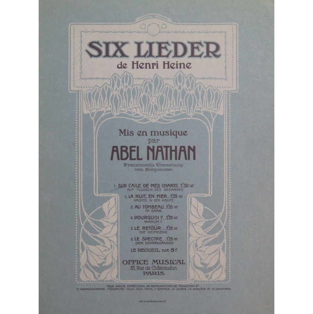 NATHAN Abel Sur l'Aile de mes Chants Dédicace Chant Piano ca1918