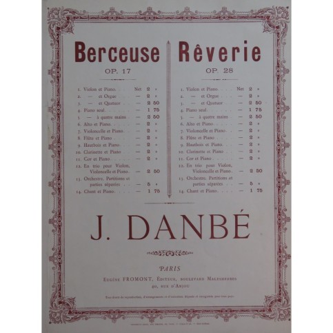 DANBÉ Jules Berceuse op 17 Violon Piano ca1893