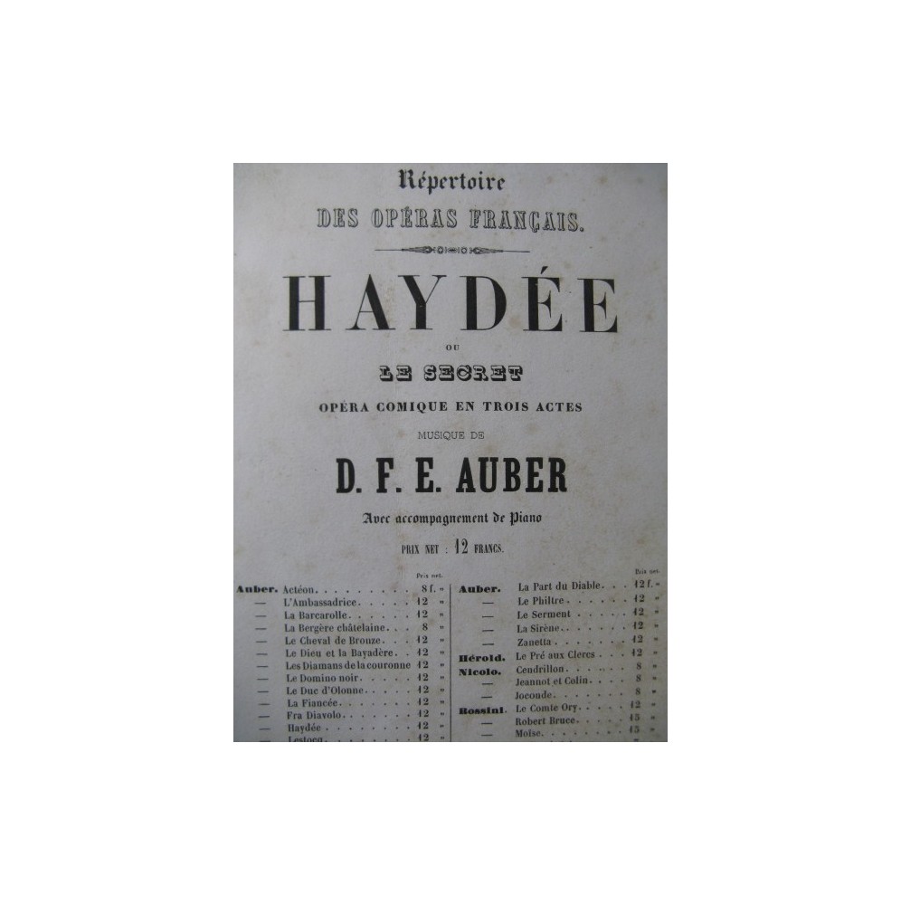 AUBER D. F. E. Haydée Opera Chant Piano 1848