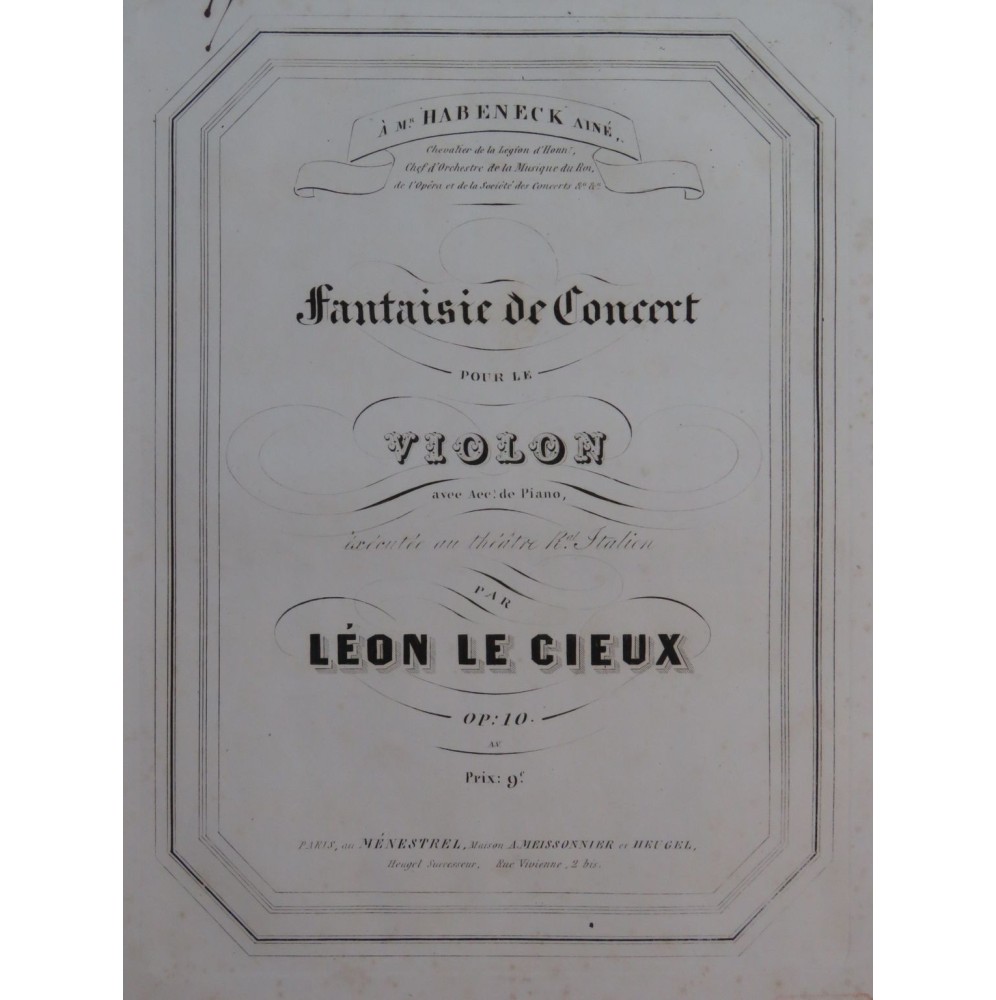 LE CIEUX Léon Fantaisie de Concert op 10 Violon Piano ca1850