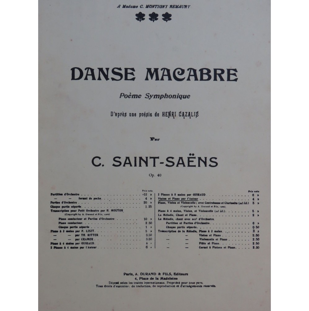 SAINT-SAENS Camille Danse Macabre Piano Violon 1926