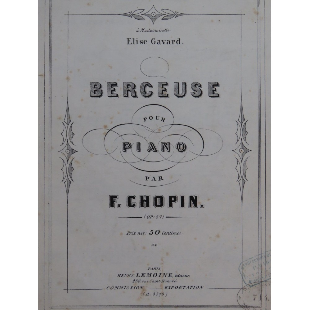 CHOPIN Frédéric Berceuse op 57 Piano ca1860