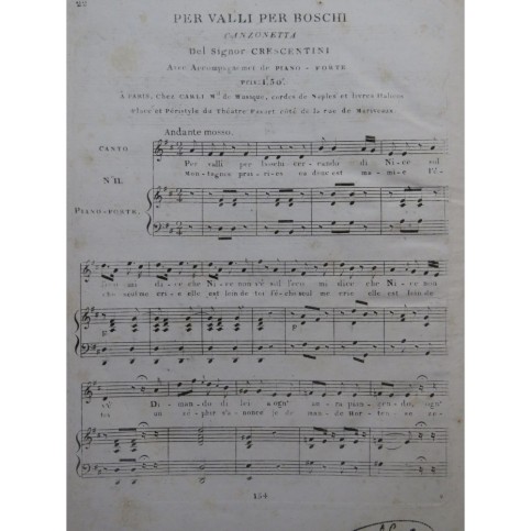 CRESCENTINI Per Valli per Boschi Chant Piano ca1820