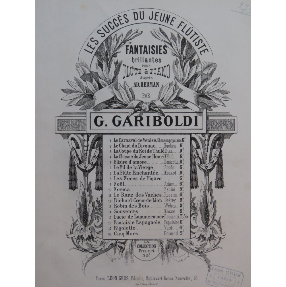 GARIBOLDI Giuseppe Le Ranz des Vaches Fantaisie Piano Flûte ca1867
