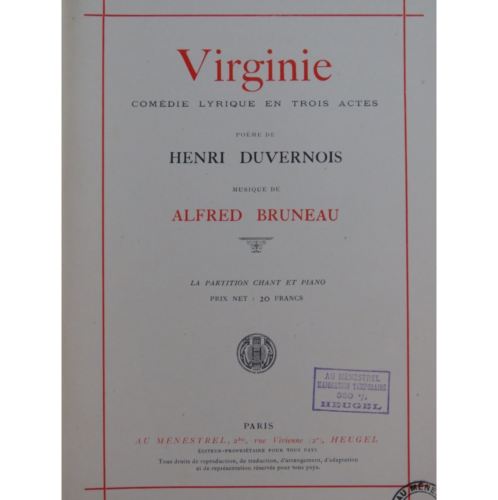 BRUNEAU Alfred Virginie Opéra Piano Chant 1930