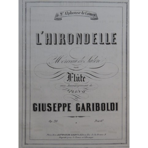 GARIBOLDI Giuseppe L'Hirondelle Flûte Piano ca1859
