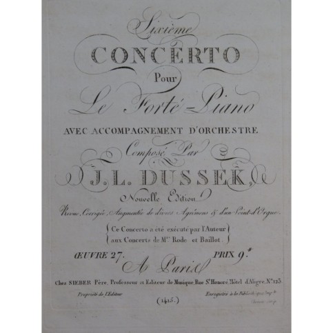 DUSSEK J. L. Concerto No 6 op 27 Orchestre ca1795