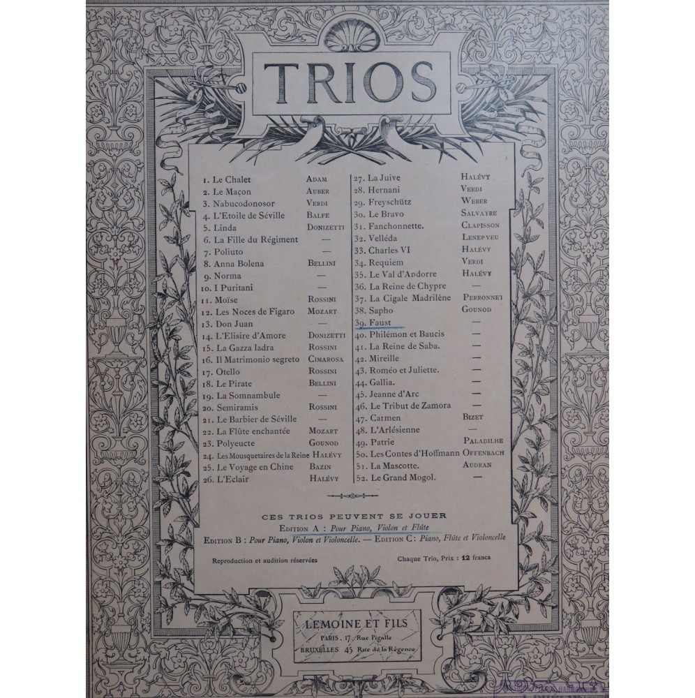 ALDER Ernest Faust de Ch. Gounod Trio Piano Flûte Violon ca1893