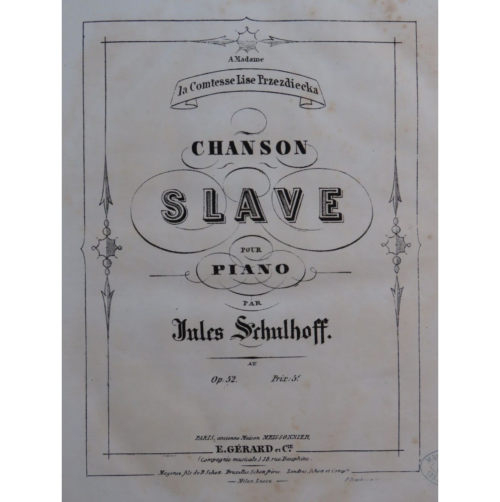 SCHULHOFF Jules Chanson Slave op 52 Piano ca1865