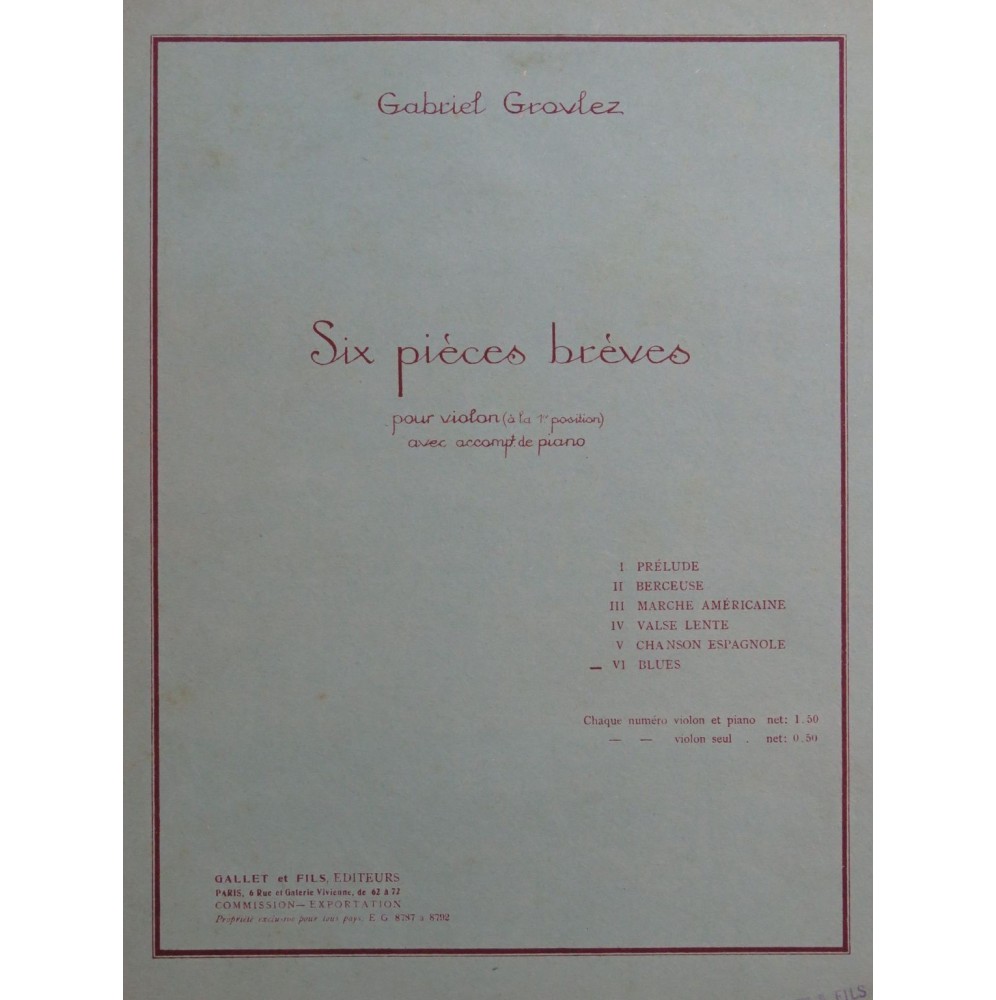 GROVLEZ Gabriel Blues Piano Violon