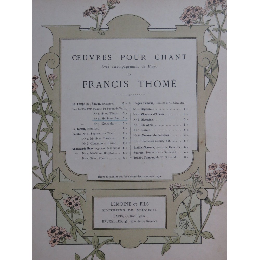 THOMÉ Francis Les Perles d'Or Chant Piano ca1885
