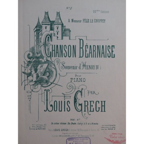 GREGH Louis Chanson Béarnaise Piano 4 mains ca1875