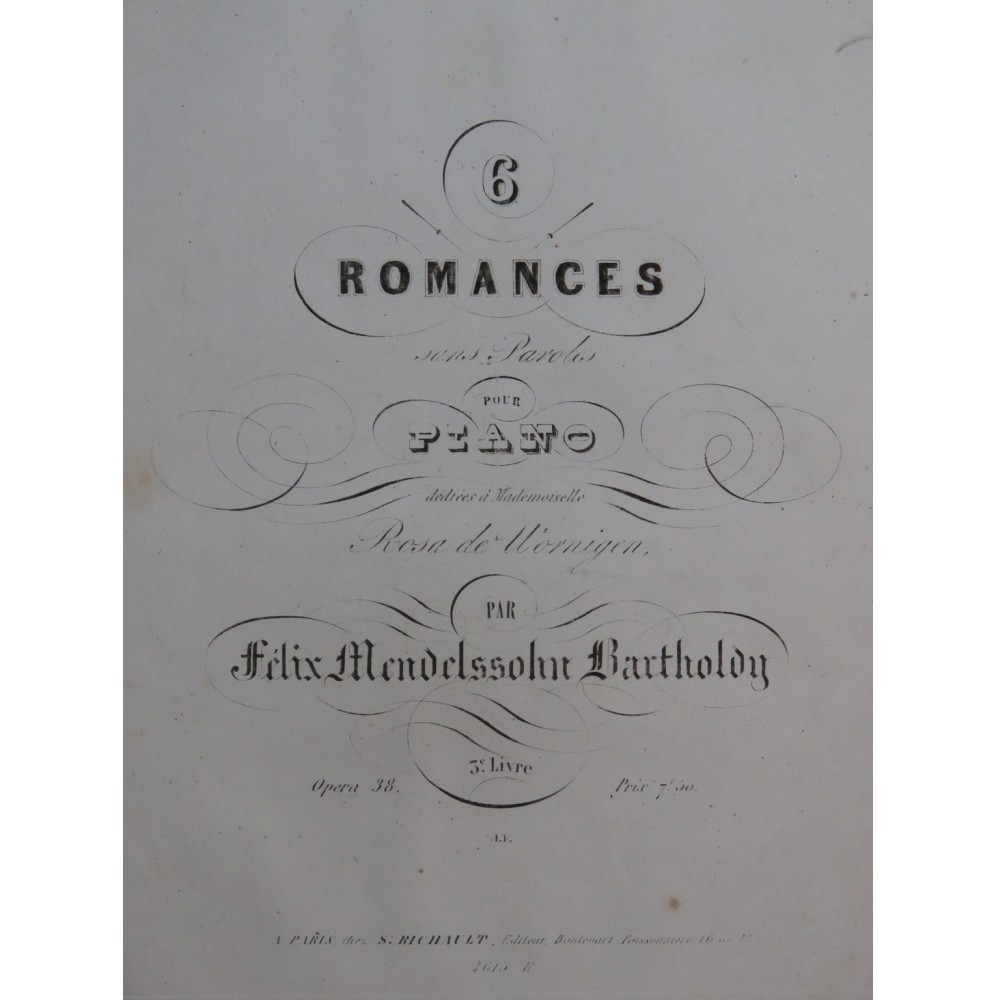 MENDELSSOHN Recueil No 3 Six Romances op 38 Piano ca1842