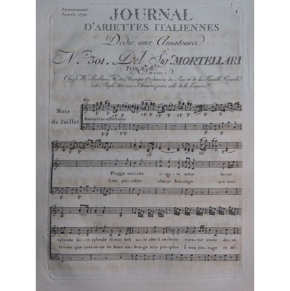 MORTELLARI Michele Piagge Amiche Amate Selve Chant Orchestre 1791