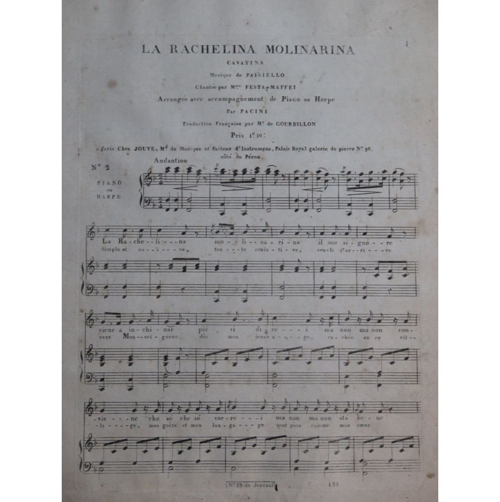 PAISIELLO Giovanni La Rachelina Molinarina Chant Piano ou Harpe ca1800