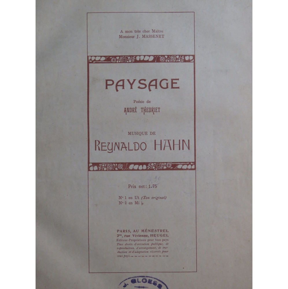 HAHN Reynaldo Paysage Chant Piano 1927
