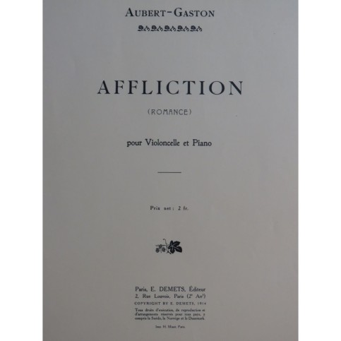 AUBERT Gaston Affliction Piano Violoncelle 1914