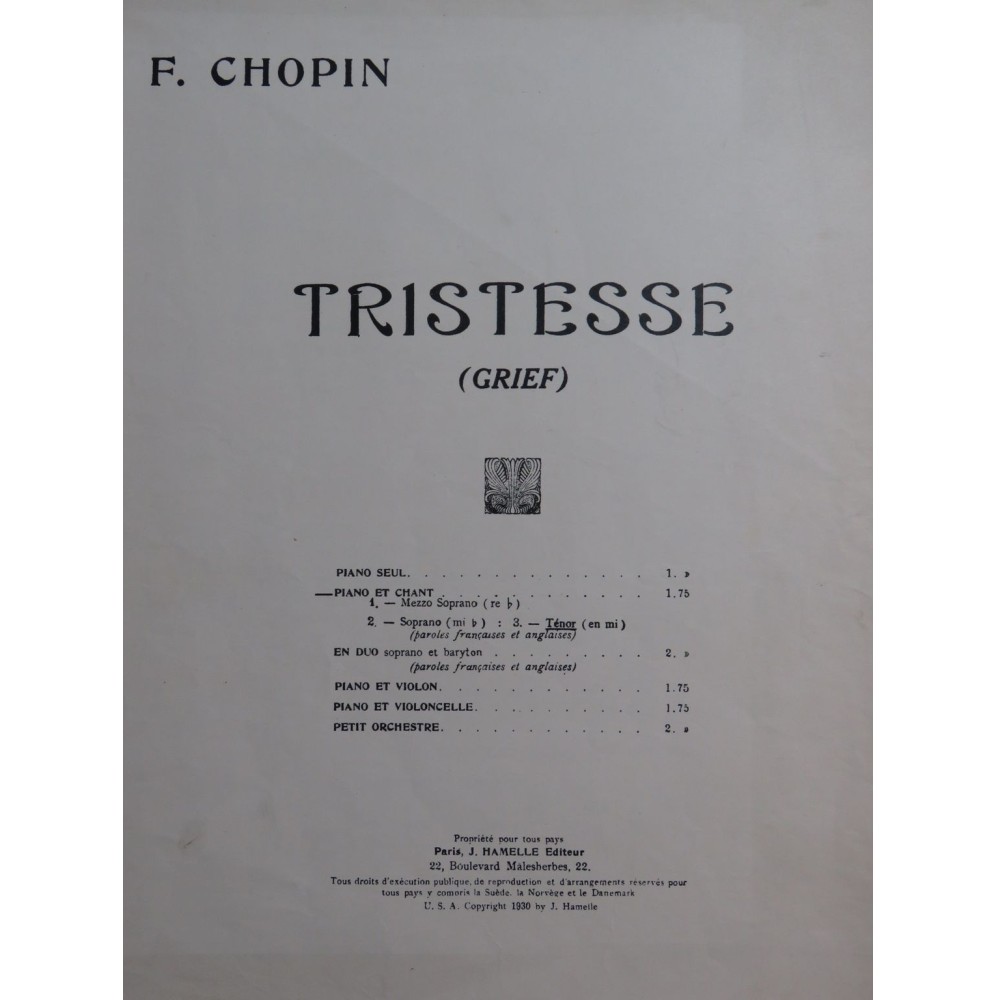 CHOPIN Frédéric Tristesse Chant Piano 1938