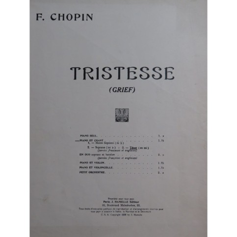 CHOPIN Frédéric Tristesse Chant Piano 1938
