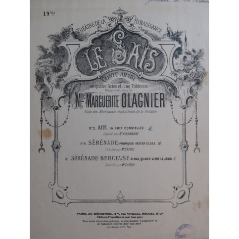 OLAGNIER Marguerite Le Saïs No 19 Sérénade Berceuse Chant Piano