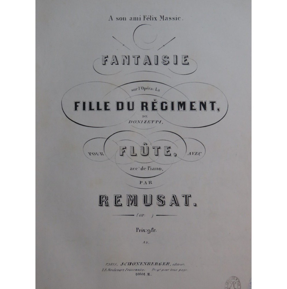 RÉMUSAT Jean Fantaisie sur La Fille de Régiment Piano Flûte ca1860