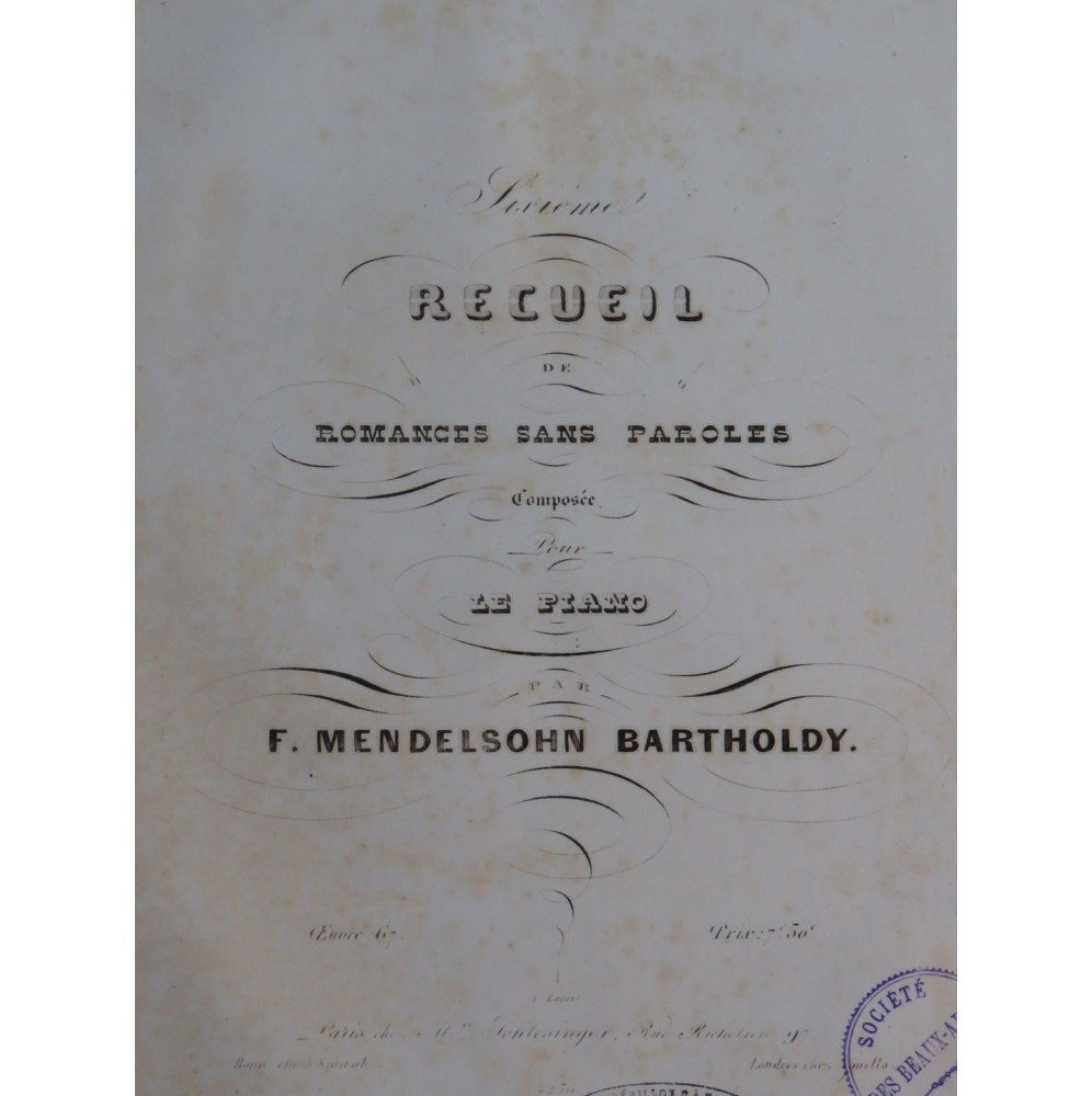 MENDELSSOHN Recueil No 6 Six Romances op 67 Piano ca1845