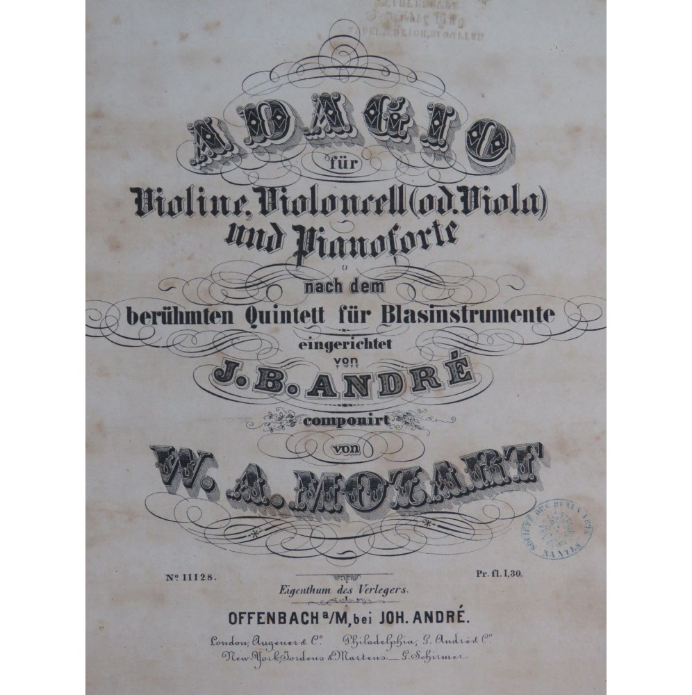 MOZART W. A. Adagio Piano Violon Violoncelle ca1875