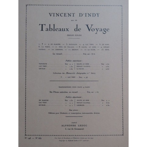 D'INDY Vincent Tableaux de Voyage Départ Matinal Piano 4 mains 1921