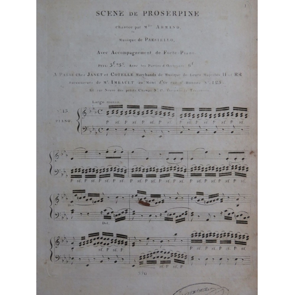 PAESIELLO G. Scene de Proserpine Chant Piano ca1820