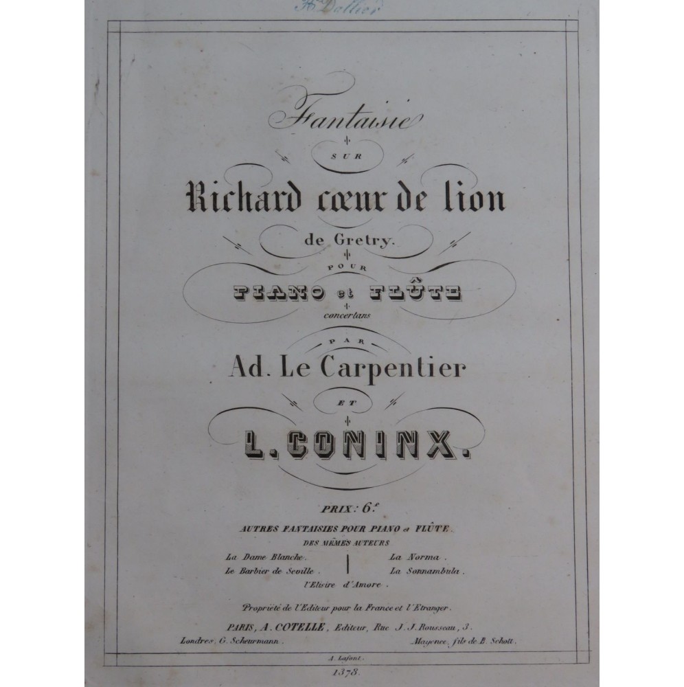 LE CARPENTIER CONINX Fantaisie Richard Coeur de Lion Piano Flûte ca1860