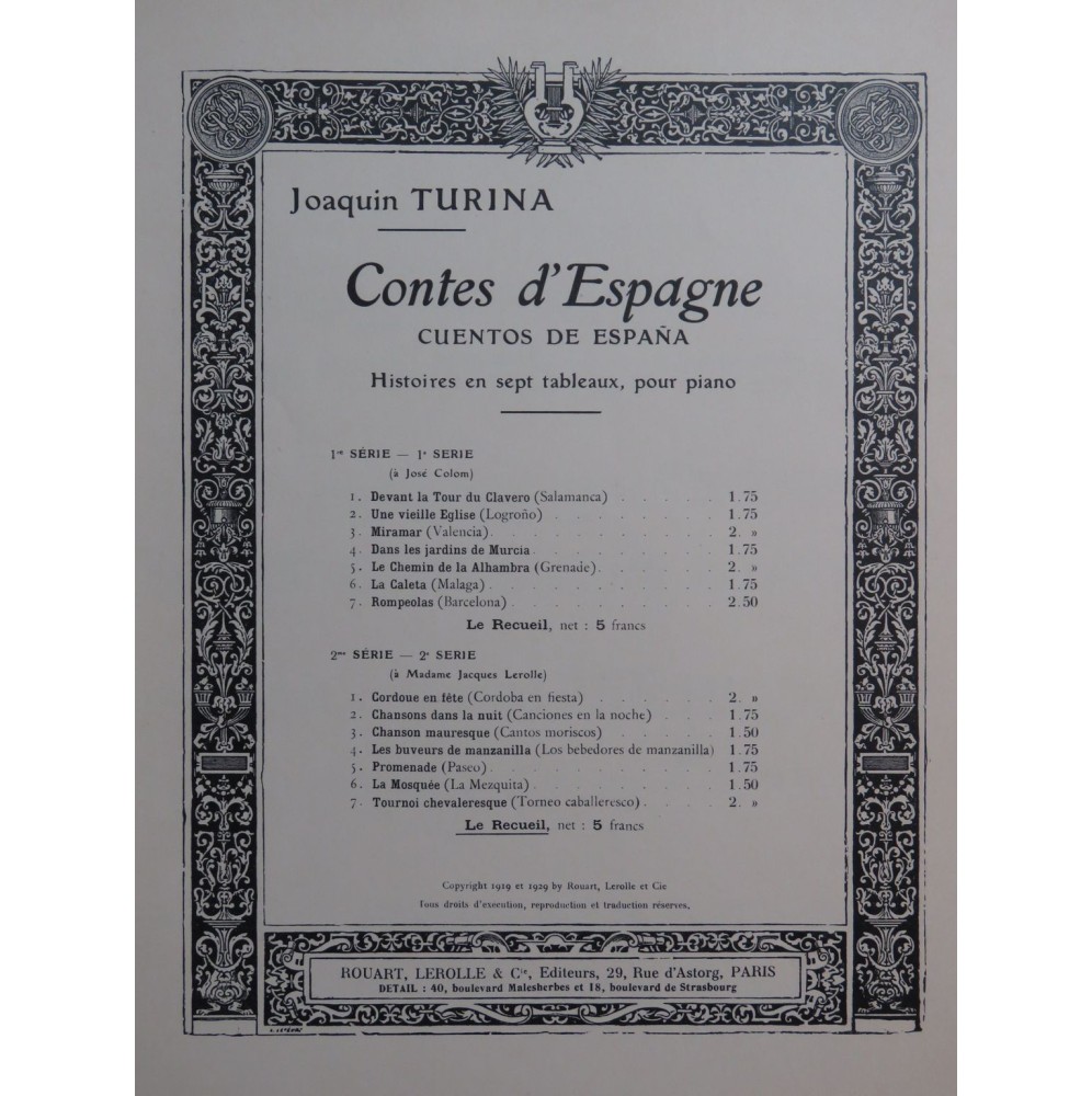 TURINA Joaquin Contes d'Espagne op 20 Série 2 Piano 1929