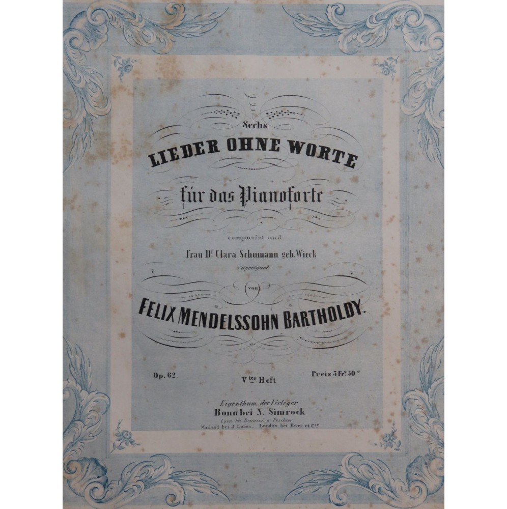 MENDELSSOHN Lieder ohne Worte op 62 6 Pièces Piano 1844