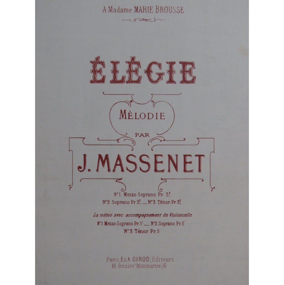 MASSENET Jules Élégie Chant Piano