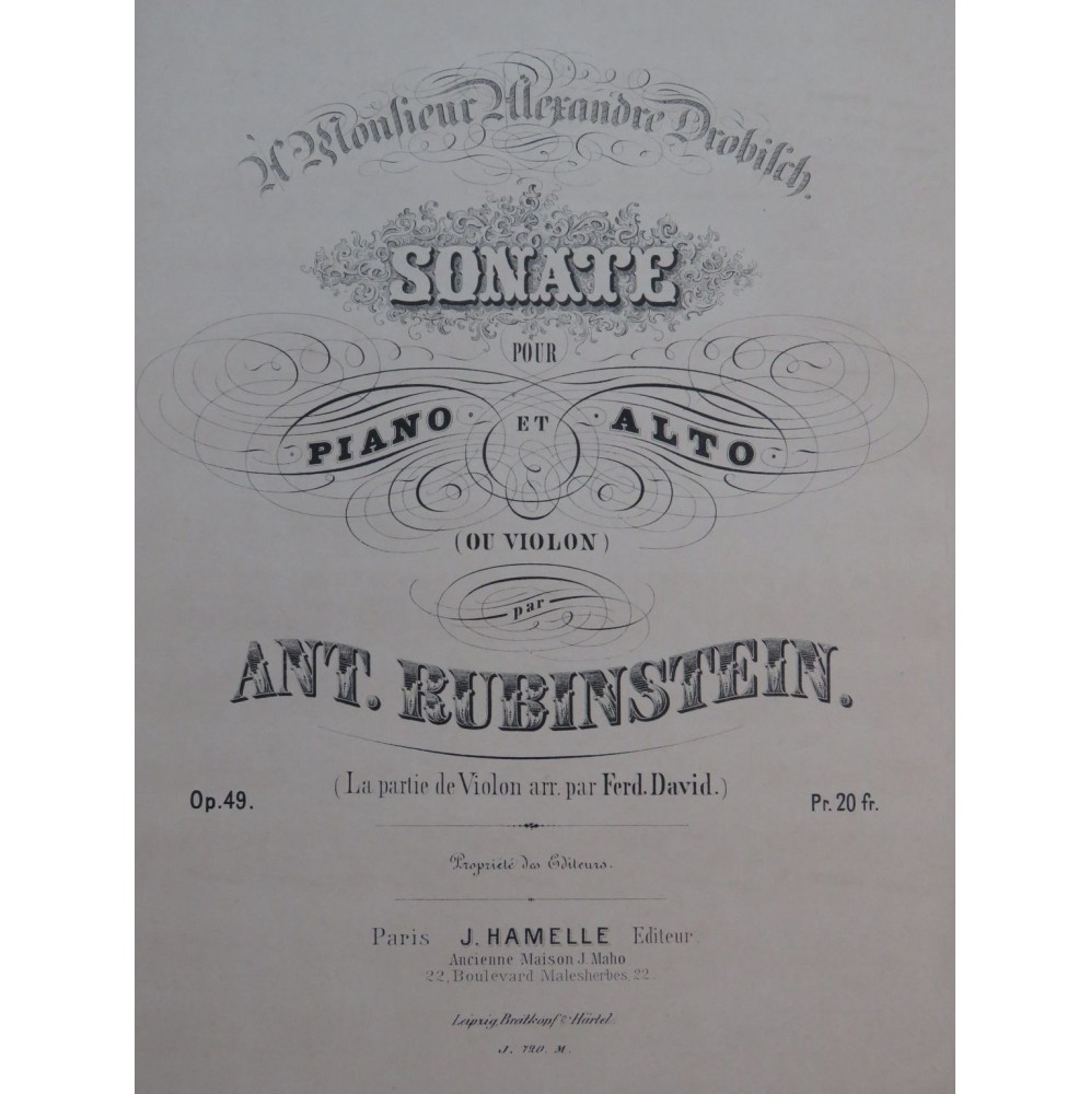 RUBINSTEIN Antoine Sonate op 49 Piano Alto ou Violon ca1880
