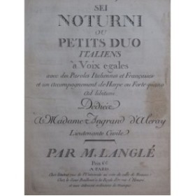 LANGLÉ Honoré Sei Noturni Chant Piano ou Harpe 1790